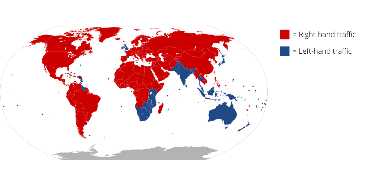 The countries that use left-hand traffic compared to right-hand traffic.